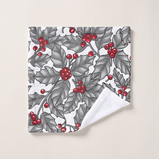 Holly berry, grijze bladeren op wit bad handdoek (Wasdoekje)