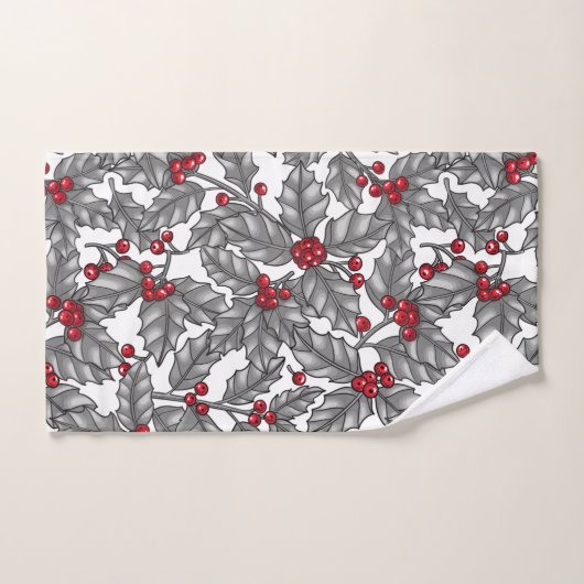 Holly berry, grijze bladeren op wit bad handdoek (Handdoek)