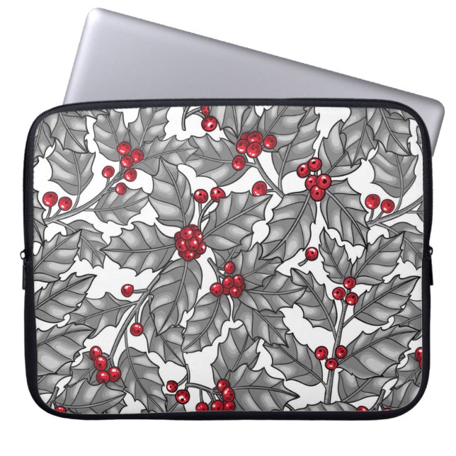Holly berry, grijze bladeren op wit laptop sleeve (Voorkant)