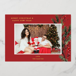 Holly Berry H Foto Vakantie of Kerstmis - Rood Folie Uitnodiging