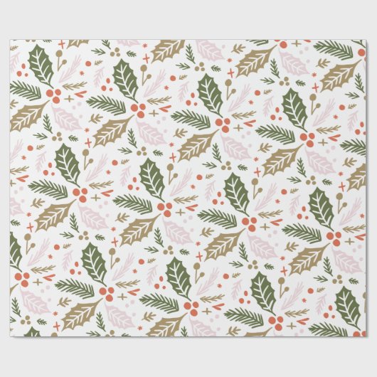 Holly Berry Hand Drawn Colorful Pattern Cadeaupapier (Vlak)