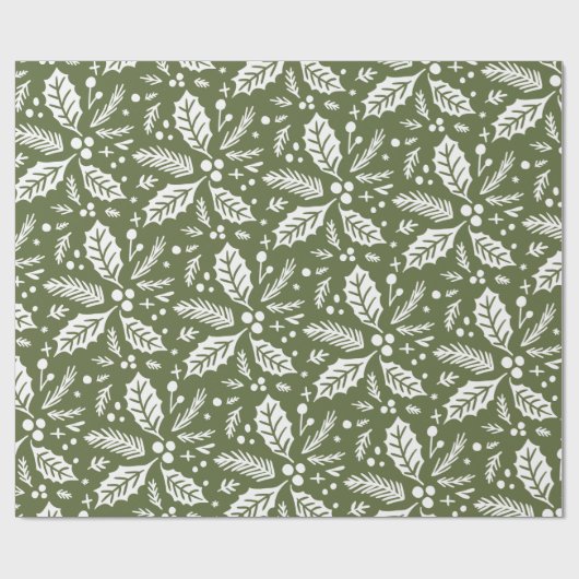 Holly Berry Hand Drawn Illustration Pattern Green Cadeaupapier (Vlak)