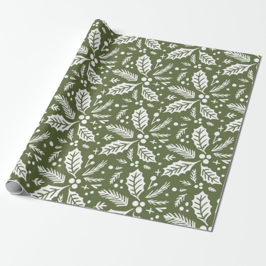 Holly Berry Hand Drawn Illustration Pattern Green Cadeaupapier (Uitgerold)
