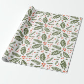 Holly Berry Hand Drawn Illustration Pattern Green Cadeaupapier (Uitgerold)