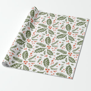 Holly Berry Hand Drawn Illustration Pattern Green Cadeaupapier