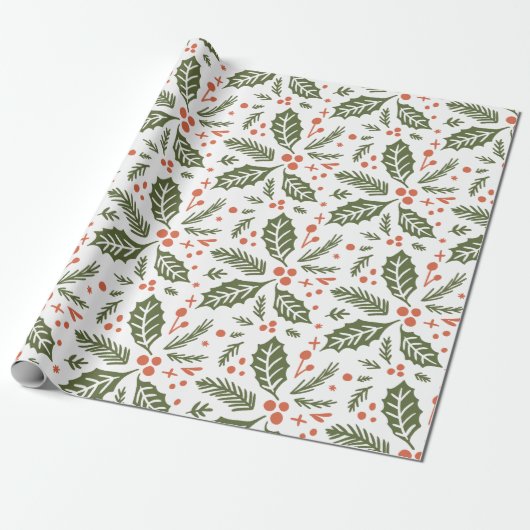 Holly Berry Hand Drawn Illustration Pattern Green Cadeaupapier (Uitgerold)