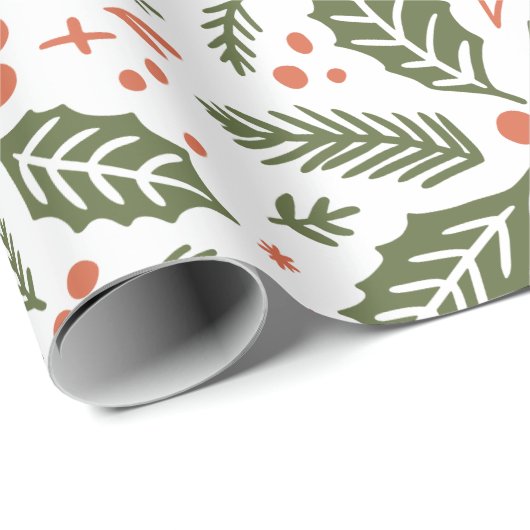Holly Berry Hand Drawn Illustration Pattern Green Cadeaupapier (Rol Hoek)