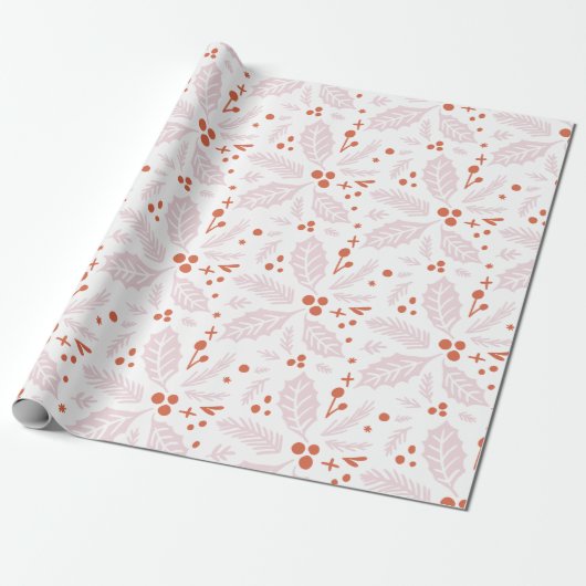 Holly Berry Hand Drawn Illustration Pattern Pink Cadeaupapier (Uitgerold)