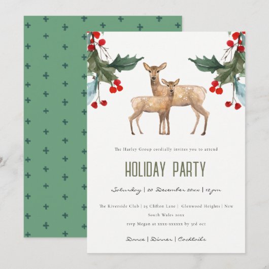 HOLLY BERRY HERTEN CORPORATE VAKANTIE FEEST UITNOD FEESTDAGENKAART (Voorkant / Achterkant)