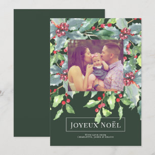 Holly Berry Joyeux Noël Elegant Kaart voor Kerstmi