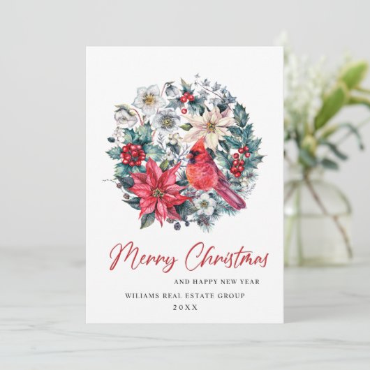 Holly Berry Kardinaal Kerstmis Corporate Groet Feestdagenkaart (Staand voorkant)