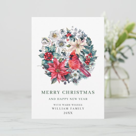 Holly Berry Kardinaal Poinsettia Kerstgroet Feestdagenkaart (Staand voorkant)