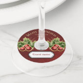 Holly Berry kerst - Gepersonaliseerde Red Damask Wijnglaslabel (Dichtbij)