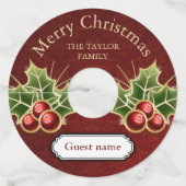 Holly Berry kerst - Gepersonaliseerde Red Damask Wijnglaslabel (Achterkant)