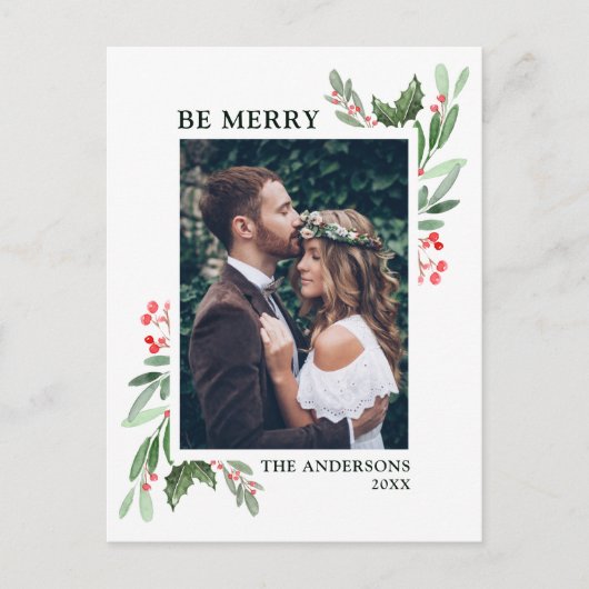 Holly Berry Kerstfeestay Foto Feestdagenkaart (Voorkant)