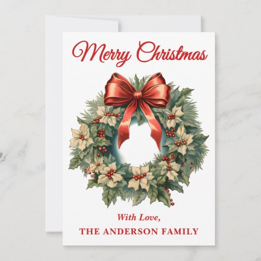 Holly Berry kerstkrans met rode boog Feestdagenkaart (Voorkant)
