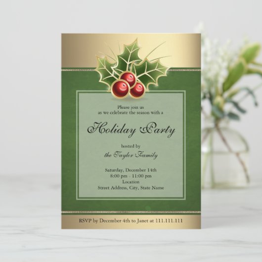 Holly Berry Kerstparty Uitnodiging Groen (Staand voorkant)