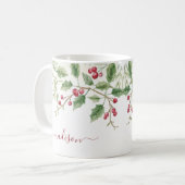 Holly Berry Kerstvakantie | Aangepaste scriptnaam Koffiemok (Voorkant links)