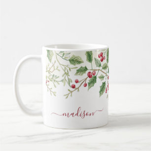 Holly Berry Kerstvakantie Aangepaste scriptnaam Koffiemok