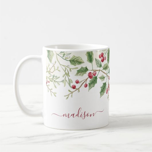 Holly Berry Kerstvakantie | Aangepaste scriptnaam Koffiemok (Links)