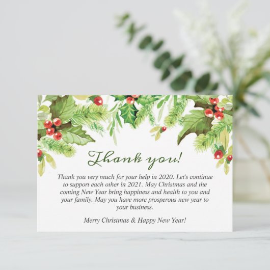 Holly Berry Kerstvakantie Zakelijk  Bedankkaart (Staand voorkant)