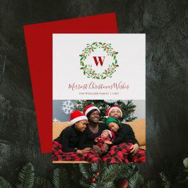 Holly Berry krans Monogram Vakantie Fotokaart Feestdagenkaart