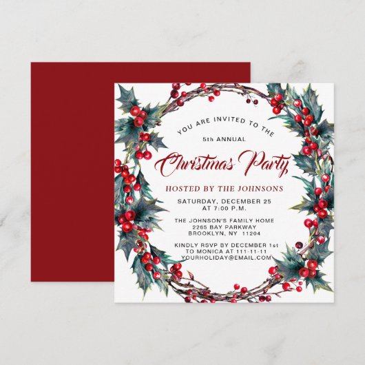 Holly Berry krans Waterverf Kerstfeest Kaart (Voorkant / Achterkant)