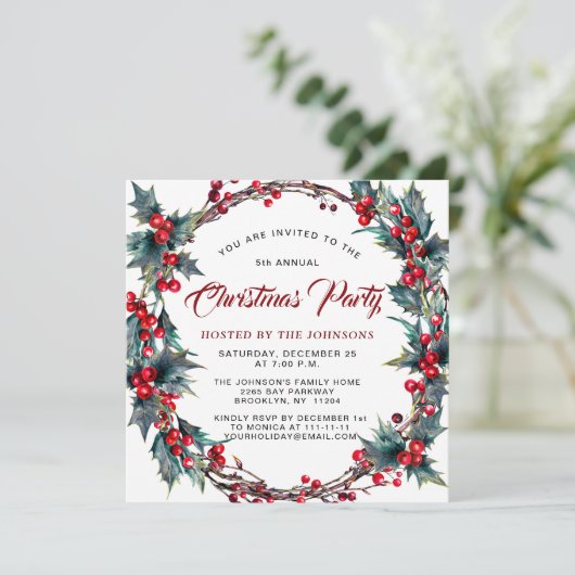 Holly Berry krans Waterverf Kerstfeest Kaart (Staand voorkant)