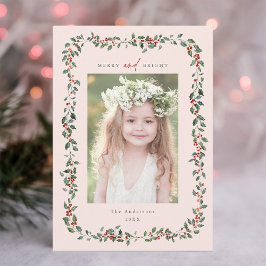 Holly Berry Lijst Merry & Bright Photo Blush Pink Feestdagenkaart