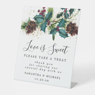 Holly Berry Love is Sweet Wedding Dessert Bar Sign Reclamebord Met Voetstuk