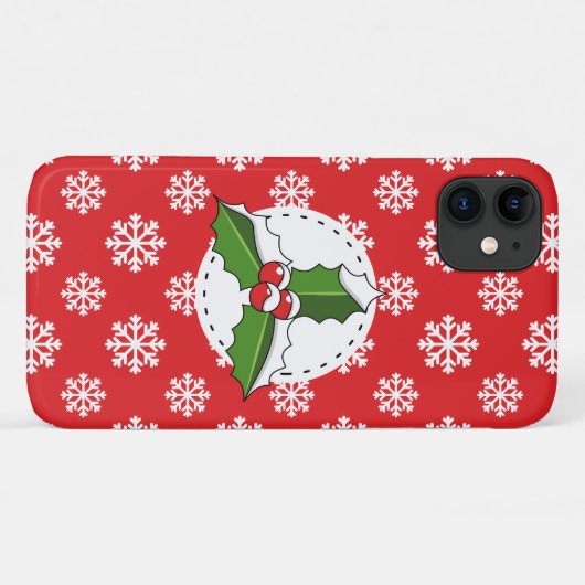 Holly Berry on Red White Snowflakes Pattern Case-Mate iPhone Case (Achterkant (horizontaal))