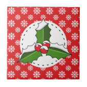 Holly Berry on Red White Snowflakes Pattern Tegeltje (Voorkant)