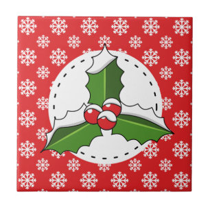 Holly Berry on Red White Snowflakes Pattern Tegeltje