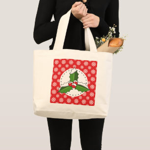 Holly Berry op Red White Snowflakes Pattern Grote Tote Bag
