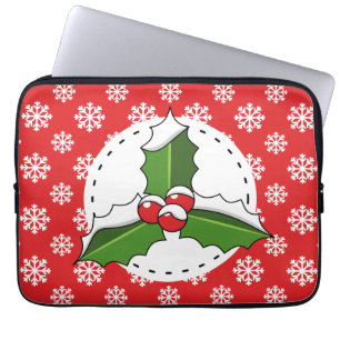 Holly Berry op Red White Snowflakes Pattern Laptop Sleeve