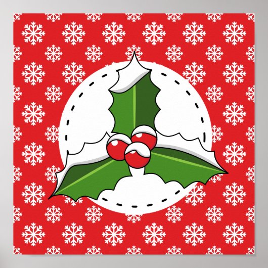 Holly Berry op Red White Snowflakes Pattern Poster (Voorkant)
