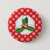 Holly Berry op Red White Snowflakes Pattern Ronde Button 5,7 Cm (Voorkant)