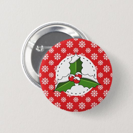 Holly Berry op Red White Snowflakes Pattern Ronde Button 5,7 Cm (Voorkant /achterkant)
