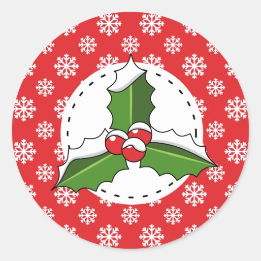 Holly Berry op Red White Snowflakes Pattern Ronde Sticker (Voorkant)
