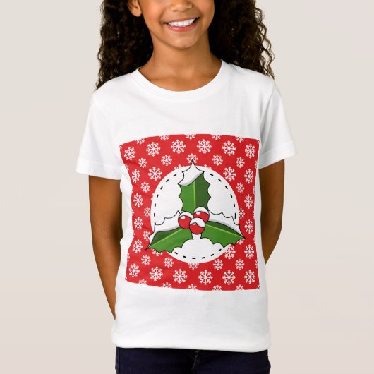 Holly Berry op Red White Snowflakes Pattern T-shirt (Voorkant)