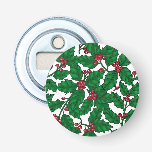 Holly berry op wit button flesopener (Voorkant)