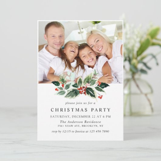 Holly Berry PHOTO Holiday Christmas Party Kaart (Staand voorkant)