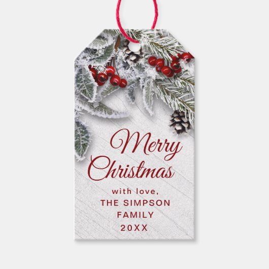 Holly Berry Pine Branch Rustieke Kerstvakantie Cadeaulabel (Voorkant)