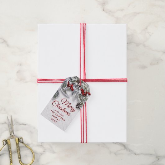 Holly Berry Pine Branch Rustieke Kerstvakantie Cadeaulabel (Met Touw)