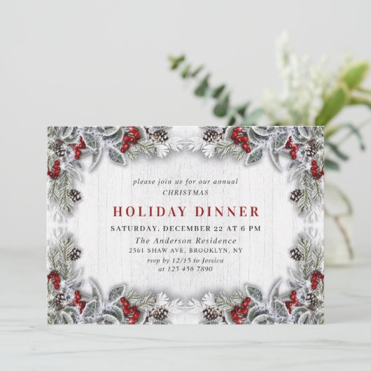 Holly Berry Pine Cones Branch HOLIDAY DINNER Kaart (Staand voorkant)