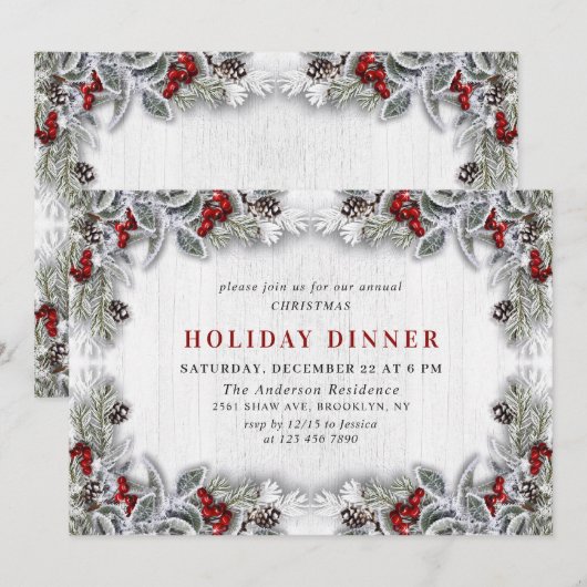 Holly Berry Pine Cones Branch HOLIDAY DINNER Kaart (Voorkant / Achterkant)