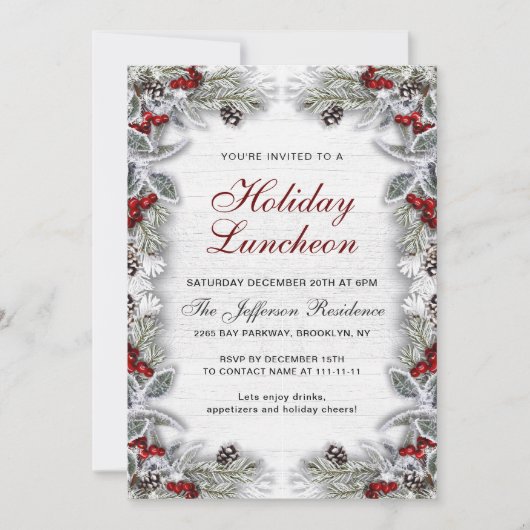 Holly Berry Pine Cones Branch Holiday Luncheon Kaart (Voorkant)