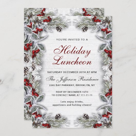 Holly Berry Pine Cones Branch Holiday Luncheon Kaart (Voorkant / Achterkant)