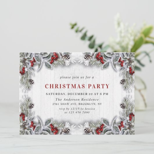 Holly Berry Pine Cones Branch Kerstparty Kaart (Staand voorkant)