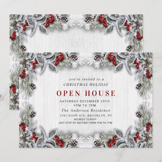 Holly Berry Pine Cones kerst Open House Kaart (Voorkant / Achterkant)
